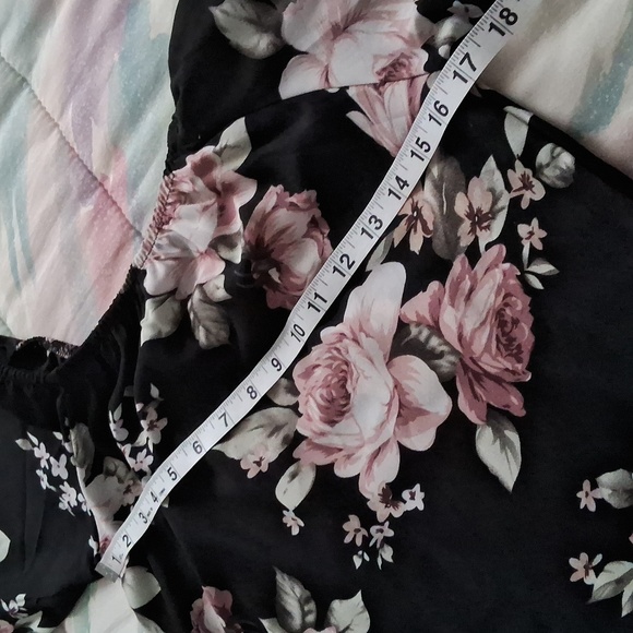 Silky,Sexy,Black with Pink Roses,Off Shoulder,Mini Dress with Long Bell Sleeves - Picture 6 of 11